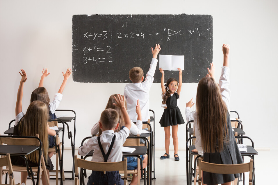 School children in classroom at lesson. The little boys and girls sitting at desks. Back to&nbsp;school, education, classroom, lesson, learn, lifestyle, childhood concept